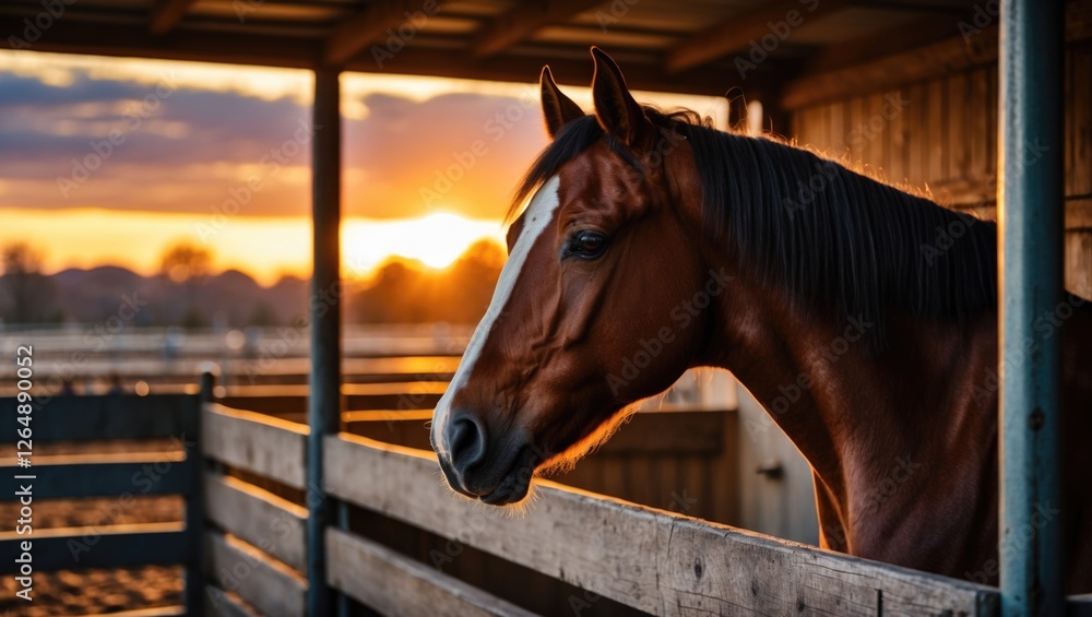Poster brown horse in stable during sunset with warm light illuminating its face and background of field an