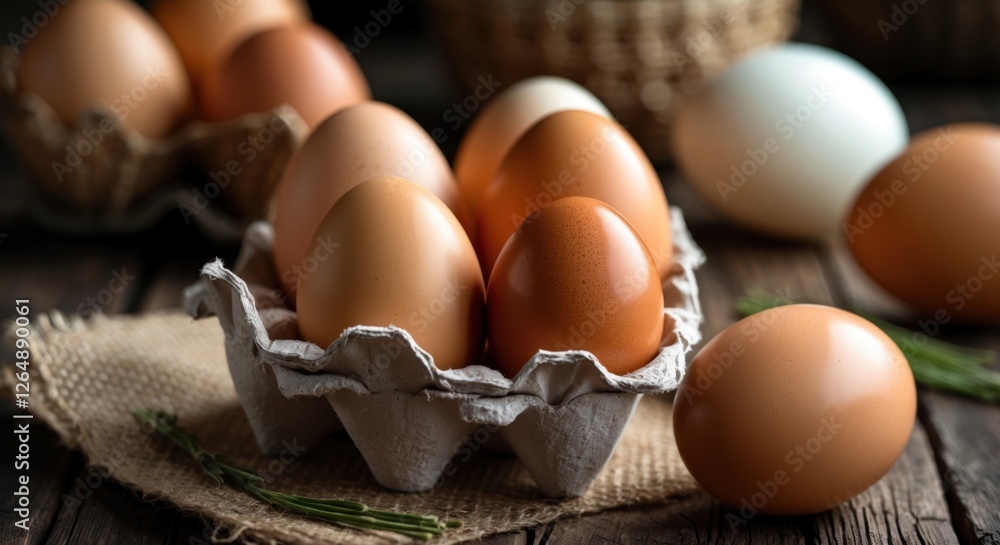 Poster Fresh brown eggs in a cardboard carton on a rustic wooden surface with green herbs and additional eggs in the background Copy Space