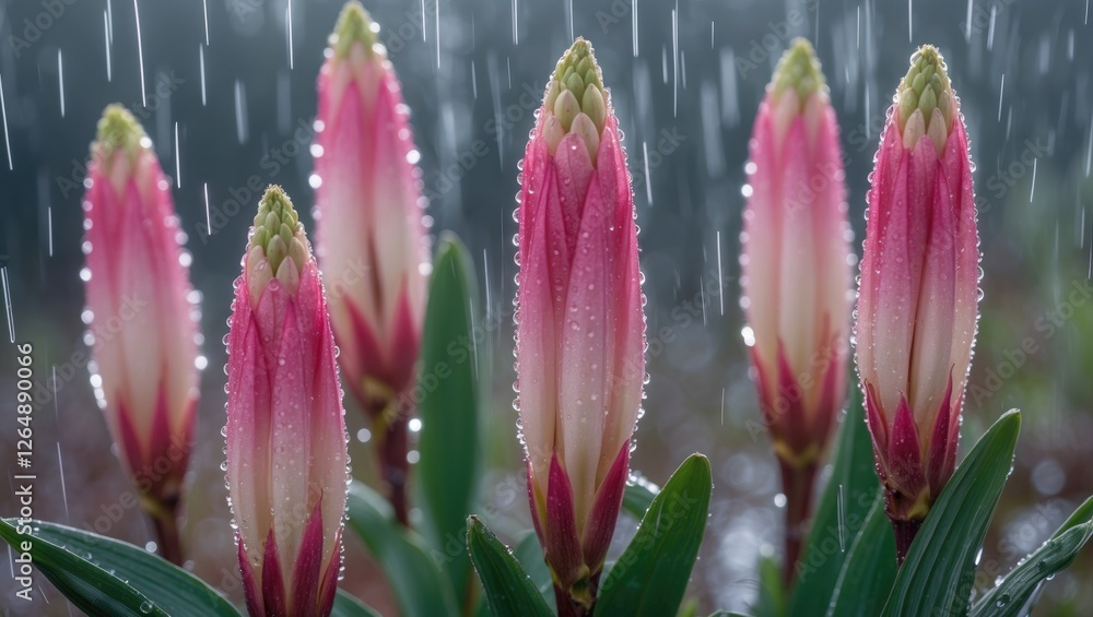 Poster close-up of pink flower buds with raindrops in natural setting soft focus background and copy space 