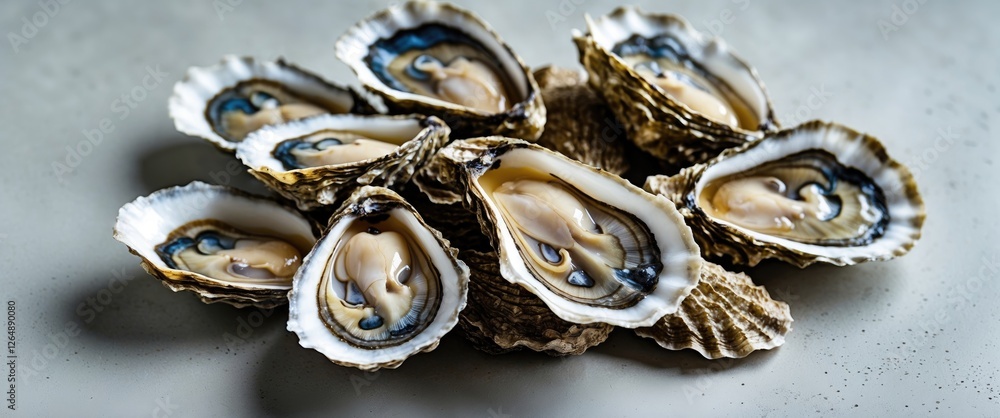 Poster freshly opened oysters arranged on a gray surface with a focus on the textures and natural color of 