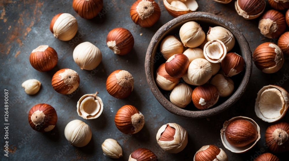 Aufkleber Hazelnuts and shells scattered around a rustic wooden bowl on a textured background with Copy Space.