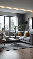 Fototapeta premium Elegant Scandinavian style living room with neutral gray couch modern minimalist furniture and design for a functional stylish interior Modern Interior Design Inspiration