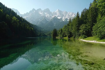 Scenic lake reflects snow-capped mountains amidst lush forest, ideal for adventure themes
