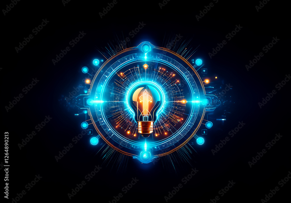 Aufkleber Bright lightbulb in futuristic circular design. Glowing blue lines and shapes create a tech feel on a dark backdrop.