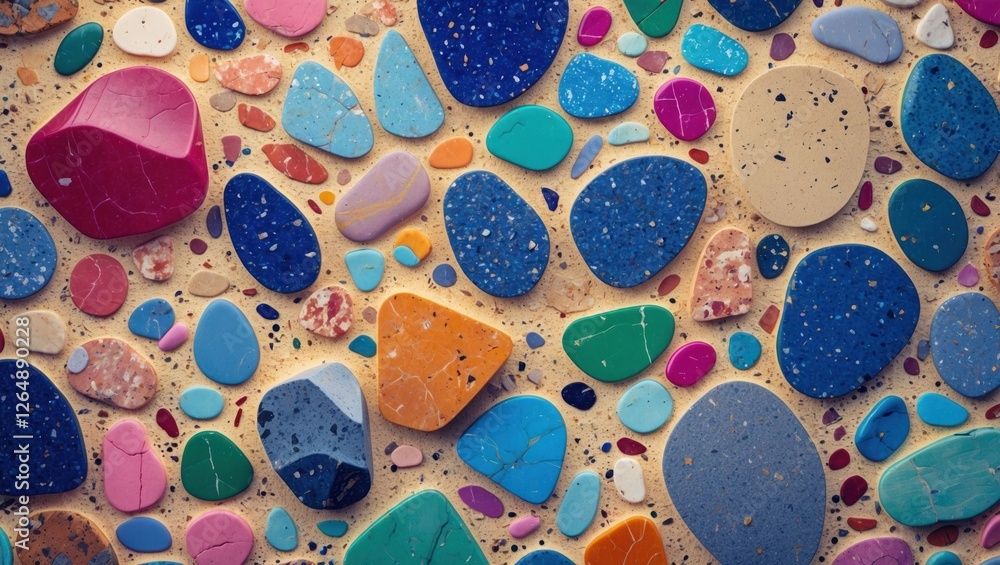 Poster Colorful polished stones and pebbles arranged on a surface background with natural texture and patterns Copy Space