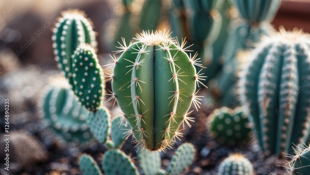Poster close-up of green cacti with spines in a desert landscape with blurred background and ample copy spa