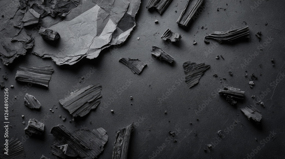 Poster black textured paper and charcoal fragments scattered on a dark surface with copy space for text pla