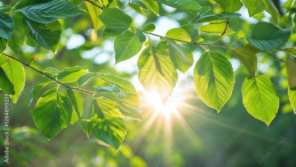 Aufkleber Sunlight shining through green leaves on a branch creating a natural background with soft bokeh and light flares Copy Space
