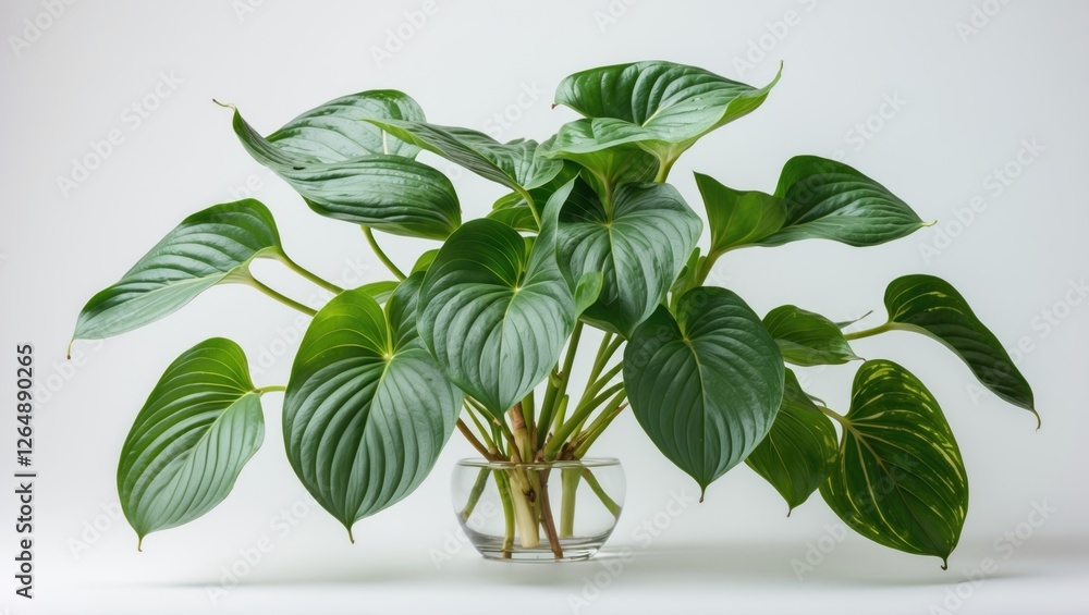 Poster foliage of hosta plant displayed in glass vase on white background with copy space for text placemen