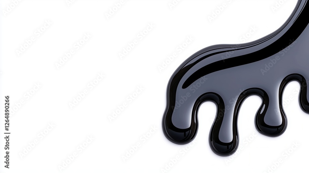 Poster glossy black liquid dripping with smooth flow on a white background for artistic use