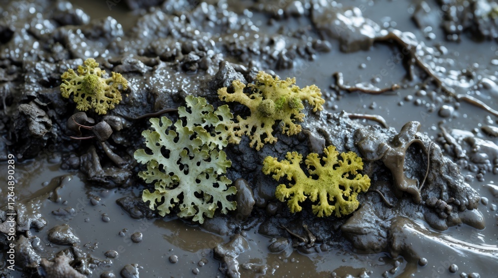 Poster lichens growing on wet soil surface with textures and colors in natural environment suitable for clo