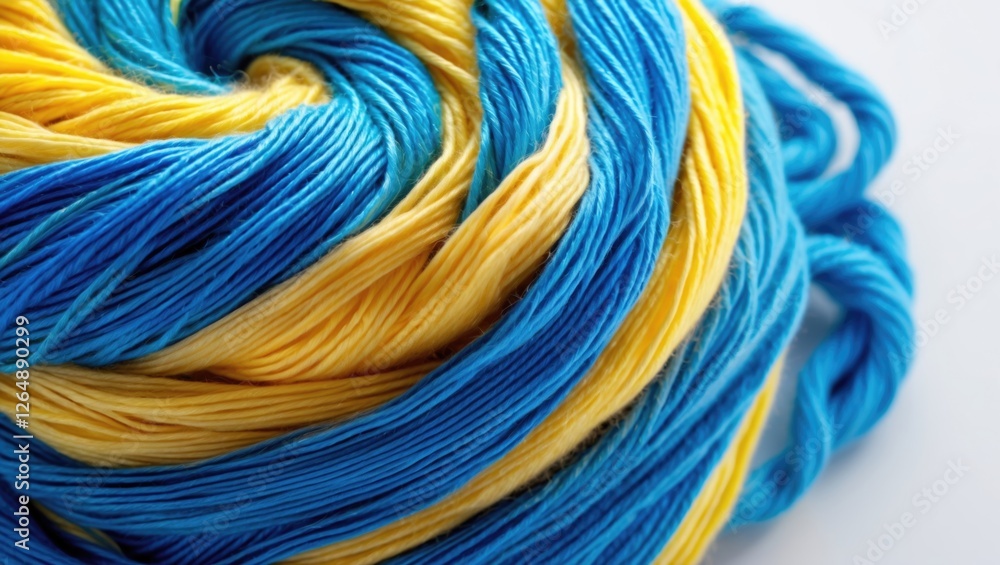 Poster blue and yellow striped yarn ball in a circular arrangement on a light background with copy space fo