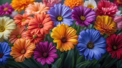 Colorful bouquet of various flowers in full bloom displaying vivid colors with green foliage background ideal for floral designs and patterns Copy Space