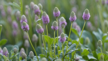 Purple flowering plants with fuzzy buds in a green field with blurred background and ample space for text copy.