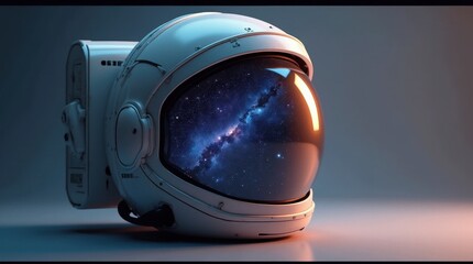 3D Rendered Astronaut Helmet Reflecting Cosmic Scene