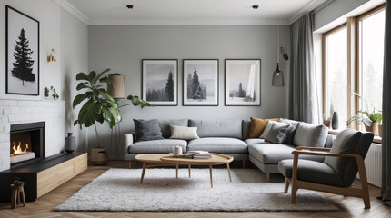 Fototapeta premium Inviting Scandinavian inspired living room with neutral gray couch and minimalist design to create a warm and cozy atmosphere Modern Interior Design Inspiration