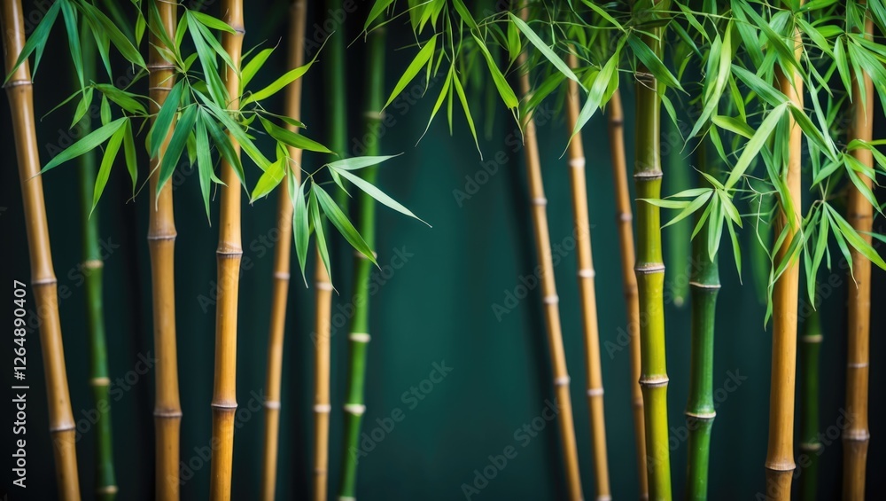 Poster green bamboo stalks and leaves on a dark background with copy space for text and design elements.