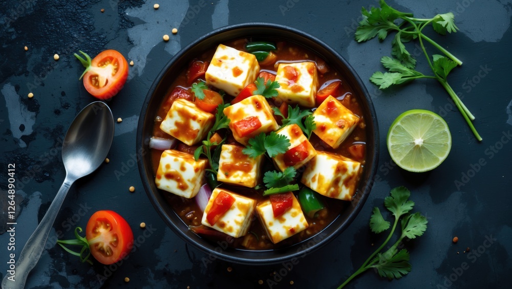 Aufkleber spicy tofu dish with vegetables garnished with cilantro and lime served in a black bowl on dark back