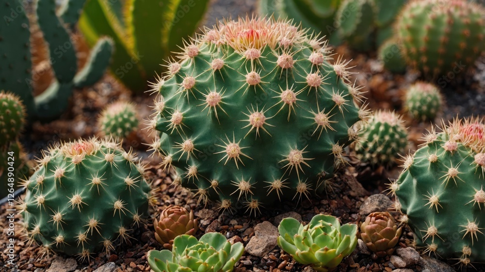 Poster close-up of various cactus species with spines and succulents in a desert landscape with natural soi
