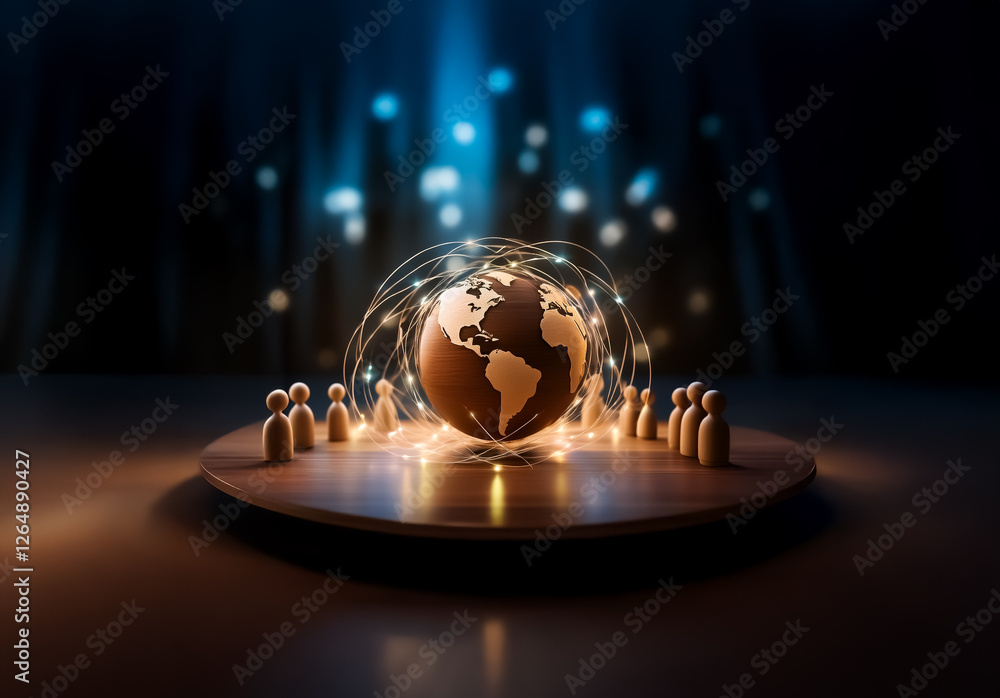 Aufkleber A luminous globe stands on a round platform, bathed in spotlights and surrounded by tiny figures.  Sparkling orbs float around, creating a sense of wonder and global connection.