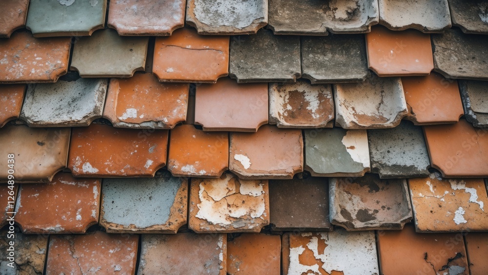 Aufkleber weathered clay roof tiles with varied colors and textures showing signs of age and deterioration ver