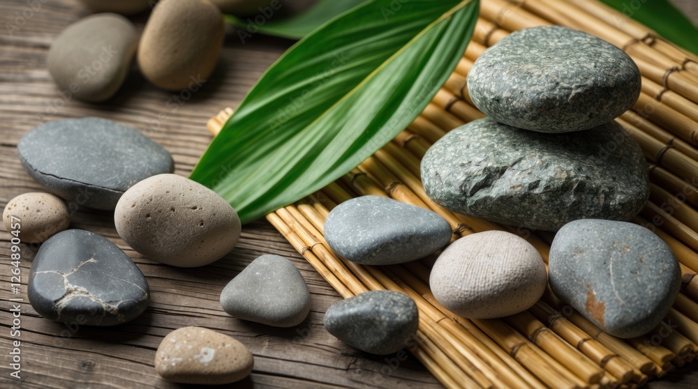 Aufkleber pebbles and smooth stones arranged on bamboo mat with green leaves styled for natural and spa-themed