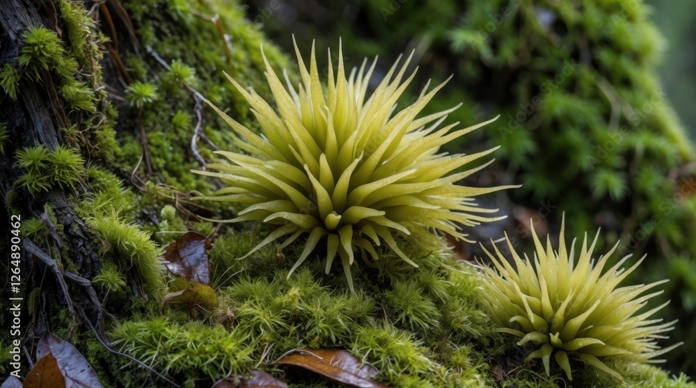 Poster close-up of unique green spiky moss-like plants growing on a tree trunk surrounded by soft moss copy