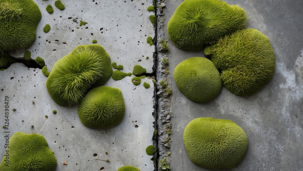 Poster green moss growth on concrete surface with texture detail and natural patterns in soft light, suitab