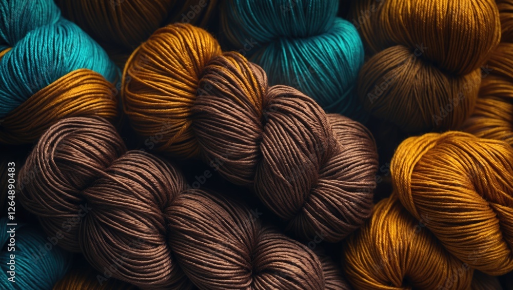 Poster colorful skeins of yarn in teal brown and mustard arranged closely with soft texture and depth copy 