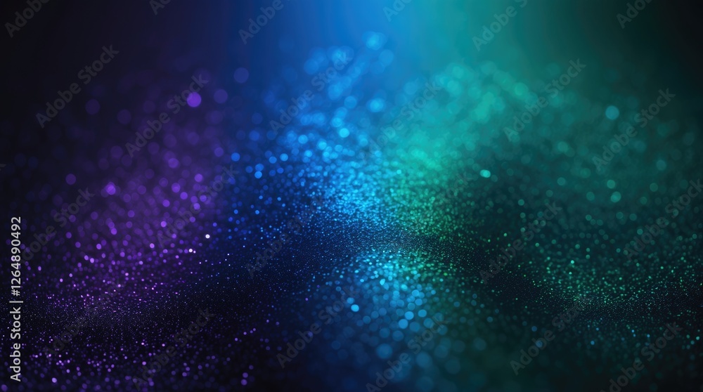 Poster abstract bokeh background with colorful sparkling particles in shades of blue green and purple again