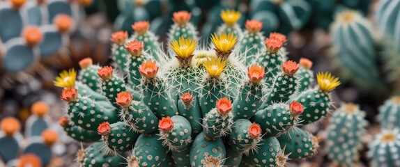 Blooming cactus with colorful flowers in a vibrant desert environment showcasing green spines and bright floral accents with Copy Space