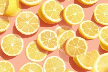 Fototapeta premium seamless geometric pattern of fresh sliced lemons floating on millennial pink background, soft shadows, clean minimal design