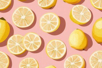 seamless geometric pattern of fresh sliced lemons floating on millennial pink background, soft shadows, clean minimal design