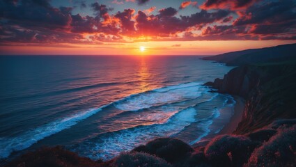 Coastal sunset with vibrant colors illuminating the ocean waves and rocky shoreline under a dramatic sky with clouds near horizon Copy Space