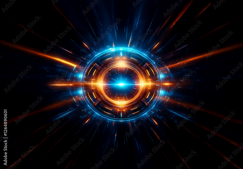 Aufkleber abstract glowing orb with radiating blue and orange lines on a dark backdrop. futuristic, sci-fi sty
