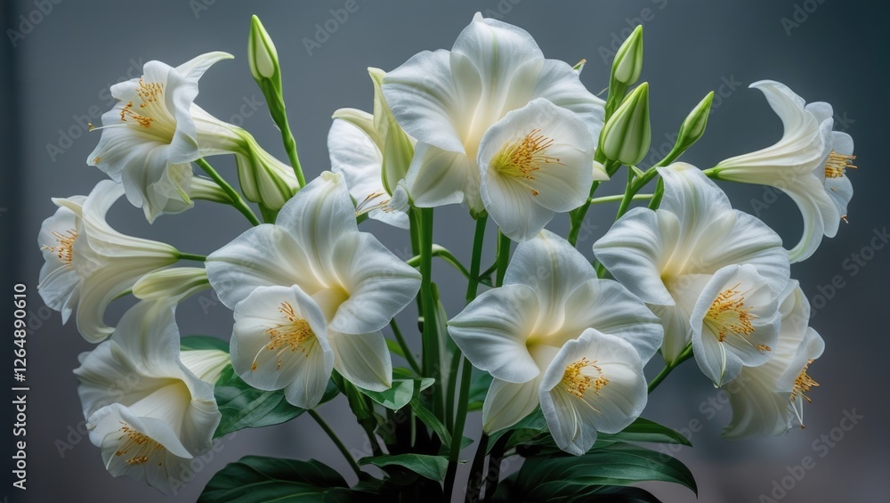 Poster beautiful arrangement of white lilies with green buds and leaves on a soft background displaying flo