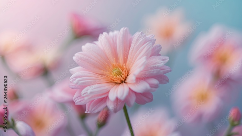 Poster macro shot of pink flowers with soft focus and pastel background providing ample copy space for text