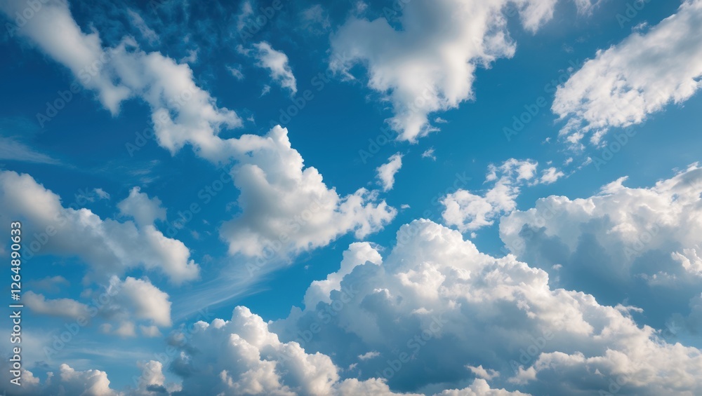 Poster fluffy white clouds against a bright blue sky with hints of sunlight and clear atmosphere ideal for 