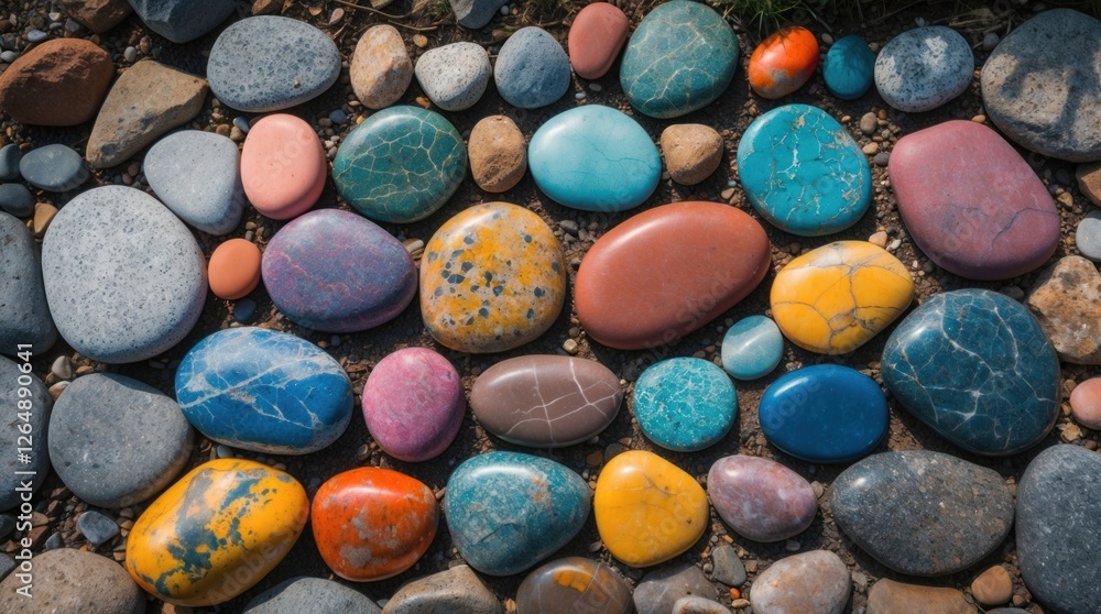 Poster colorful collection of smooth stones arranged on a pebbly surface with various hues and patterns cop