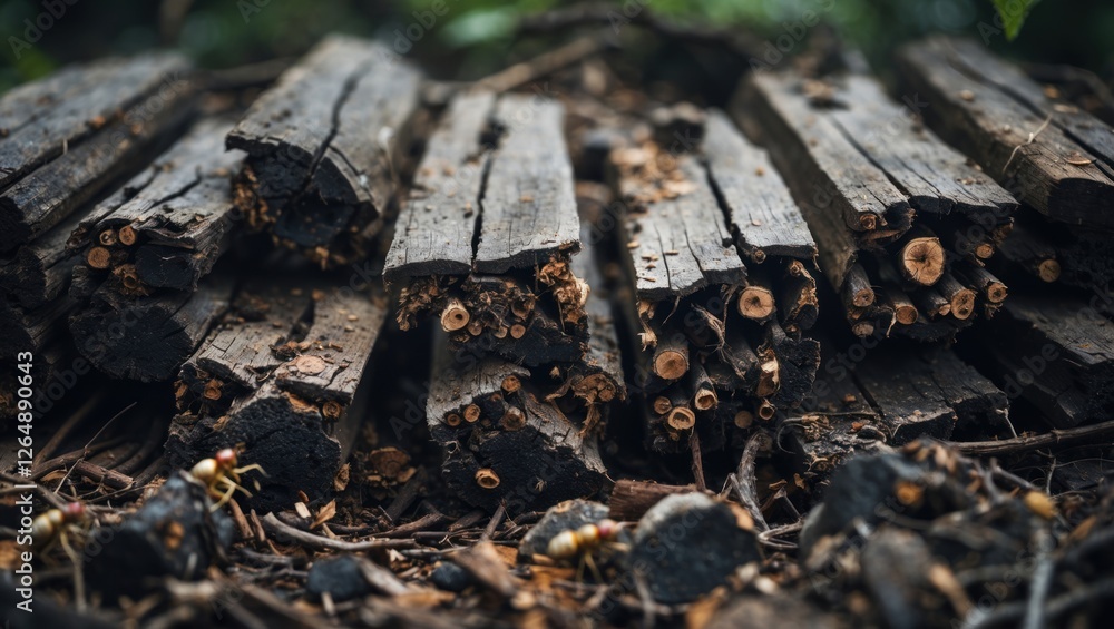 Poster Stacked logs with exposed ends showing detailed texture and natural aging on forest floor surrounded by foliage