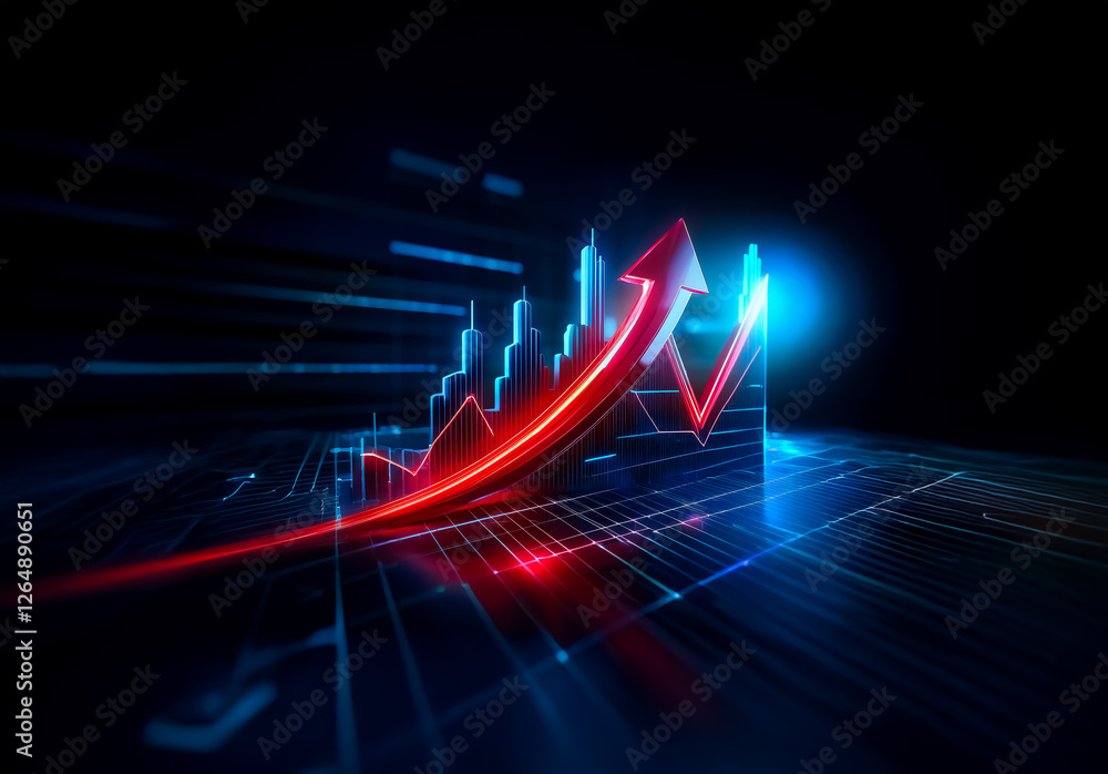 Poster a vibrant red arrow dynamically ascends against a backdrop of futuristic blue lines and graph elemen