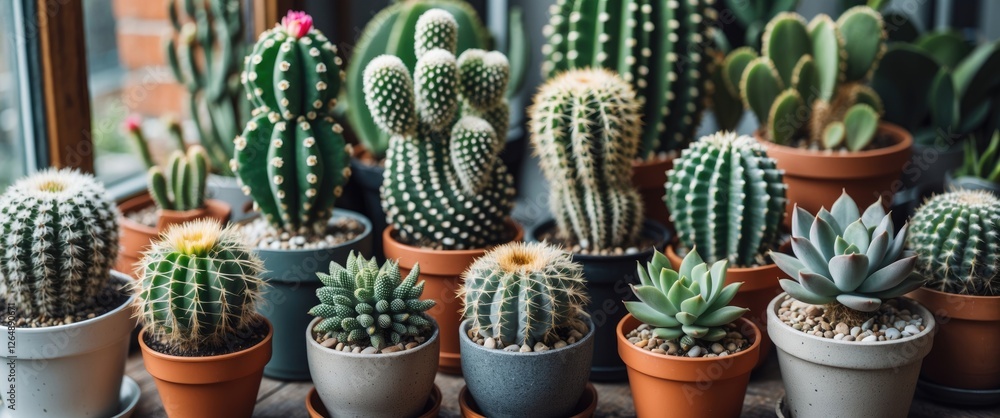 Aufkleber various types of cacti and succulents in decorative pots arranged on a wooden surface with natural l