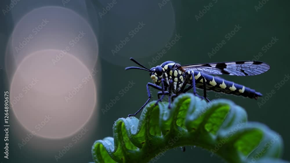 Poster macro exploration of a colorful insect perched on a vibrant green leaf during twilight