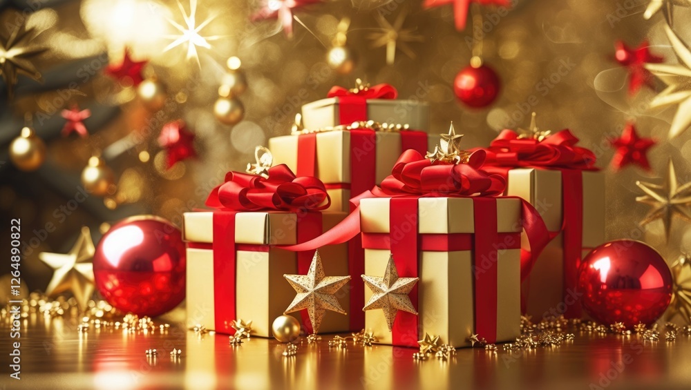 Aufkleber decorative christmas gifts with red ribbons and ornaments in festive setting with golden background 