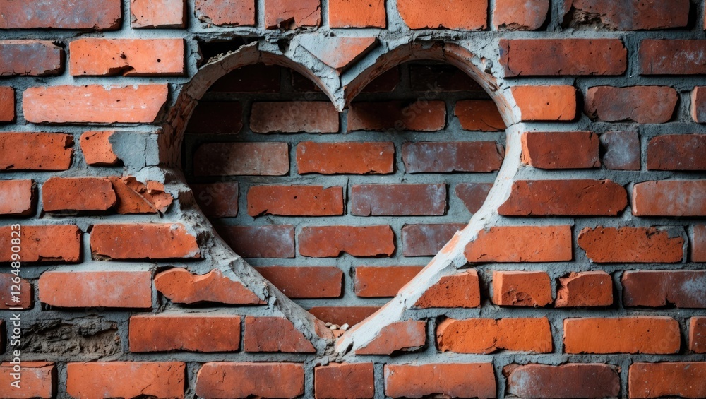 Poster heart-shaped hole in a brick wall showcasing exposed bricks and mortar with copy space for text plac