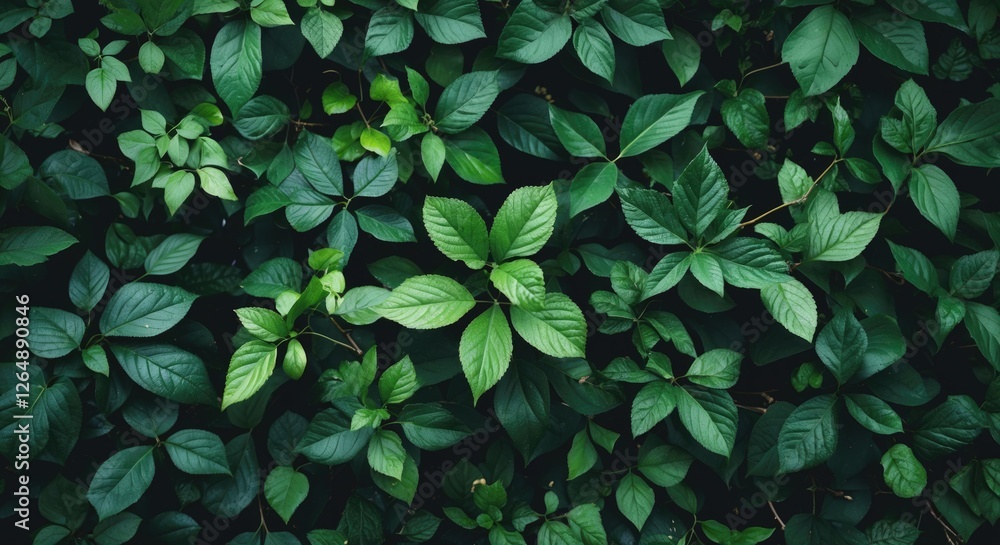 Poster dense foliage background with various green leaves arranged in a layered pattern featuring a promine