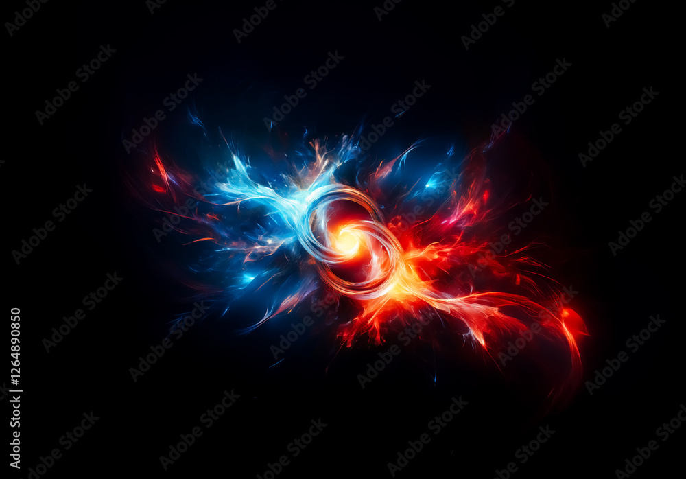 Poster abstract swirling energy design with vibrant blue and red hues. a dynamic display of light and motio