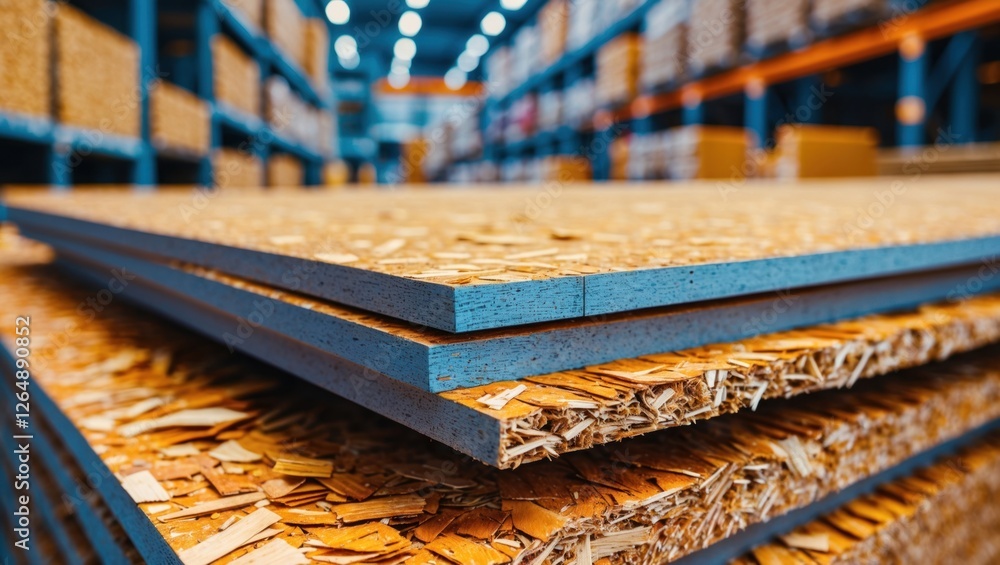 Poster Stacked oriented strand board panels in a warehouse environment showing wood texture and industrial setting with copy space