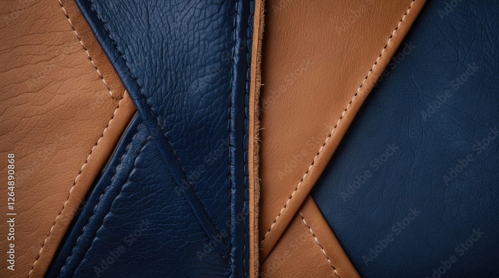 Poster textured patterns of brown and blue leather with stitched seams and geometric design elements suitab