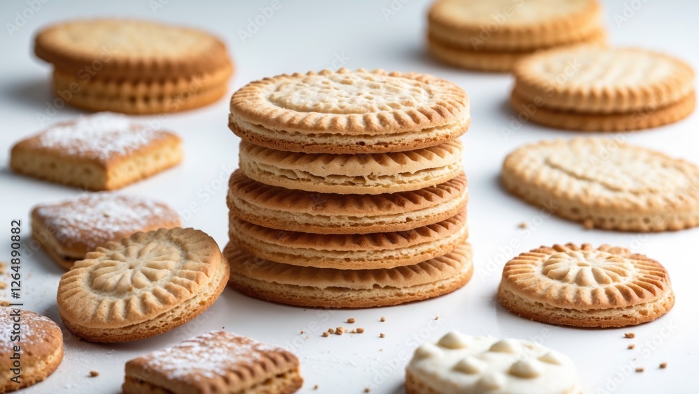 Poster Assorted array of biscuits featuring stacked golden cookies and various shapes on a white background with Copy Space.